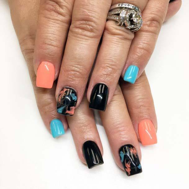 Jet Black Nails With Orange And Blue Art For Women