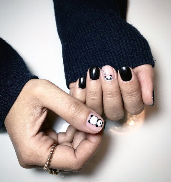 Jet Black Nails With Panda