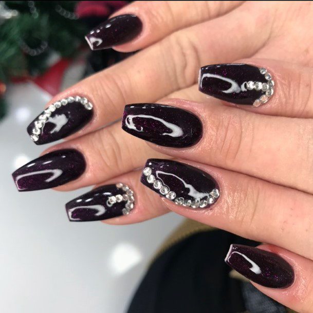 Jet Black Nails With White Crystals Women