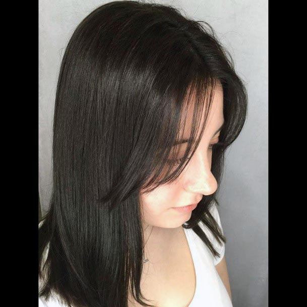 Jet Black Shoulder Length Hair Long Center Part Bangs Long Face