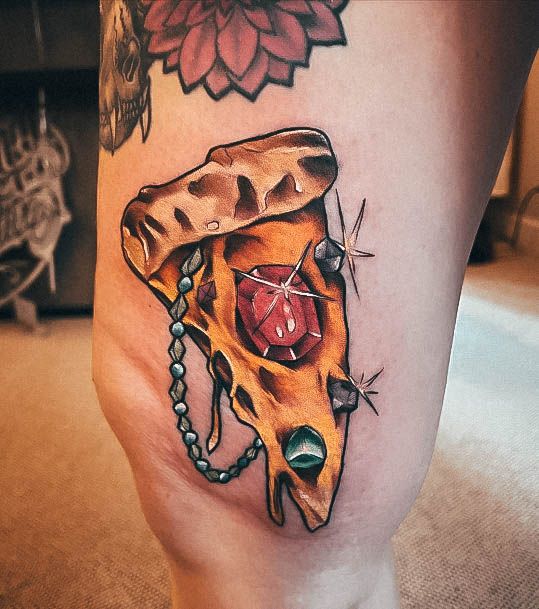 Jeweled Color Thigh Pizza Girls Tattoo Ideas