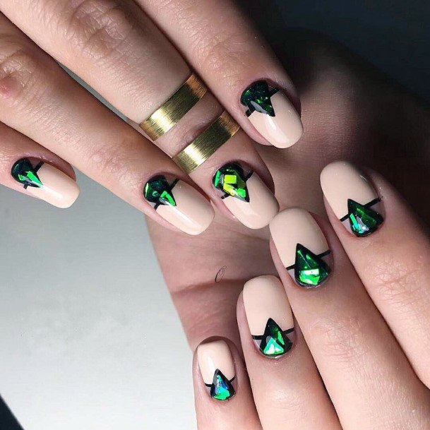 Jewelled Green On Transparent Glass Nail Women