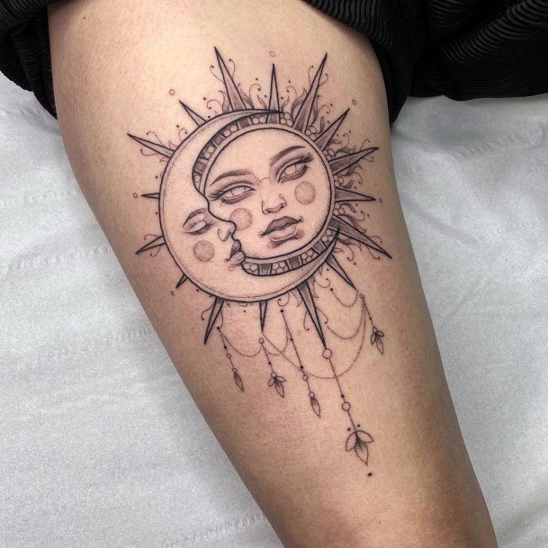 Jewelled Sun And Moon Tattoo For Women