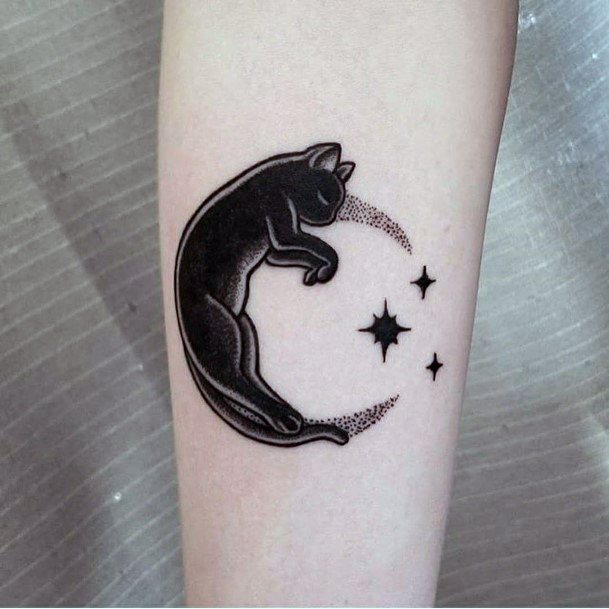 Joyful Black Moon Cat With Stars Tattoo For Women On Hands Art
