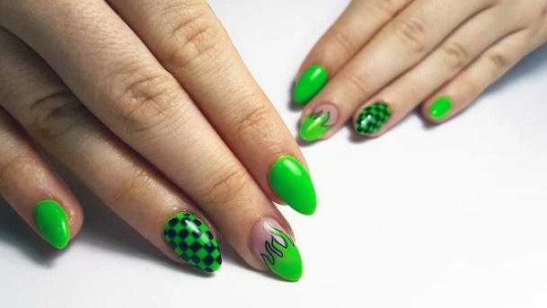 Juicy Lemon Green Checkered Nails Women