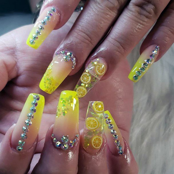 Juicy Lime And Rhinestones Yellow Ombre Nails Women