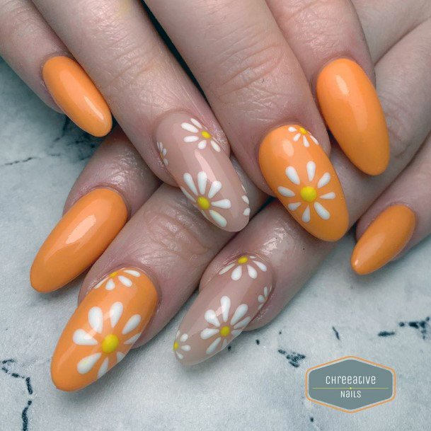 Juicy Orange With White Daisies Nail Art