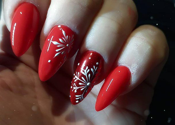 Juicy Red Nails With Snow Flake Art Women