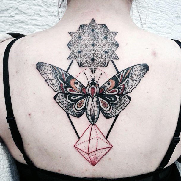 Kaleidoscope Butterfly And Pink Diamond Geometric Tattoo Womens Back