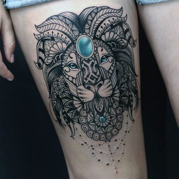 Kingly Lion With Jewelled Sapphire Womens Tattoo On Legs
