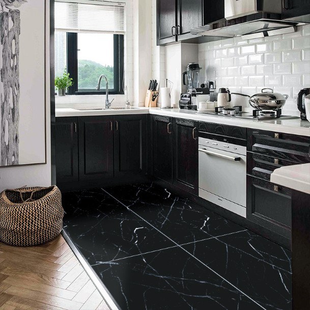 Kitchen Flooring Ideas Dark Black Marble Tiles Large Format