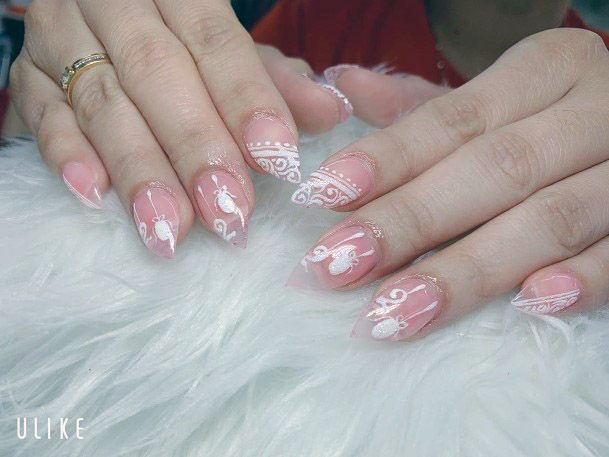 Lace Design On Clear Pink Nails Women