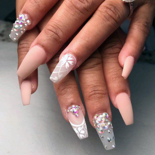 Lace White Art On Pink Nails With Diamond Women