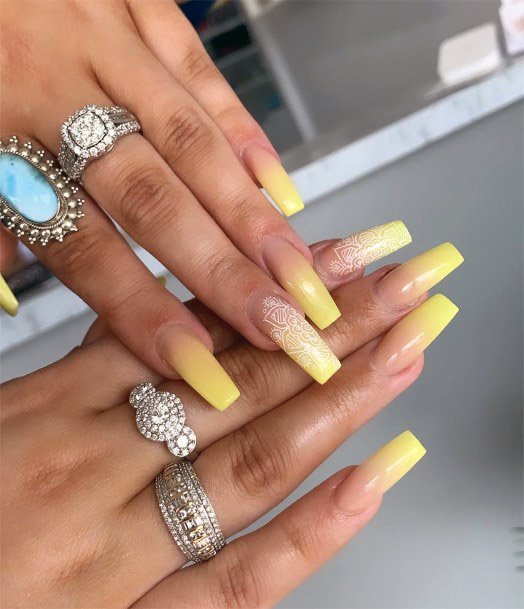 Laced Art Work On Yellow Ombre Nails Women