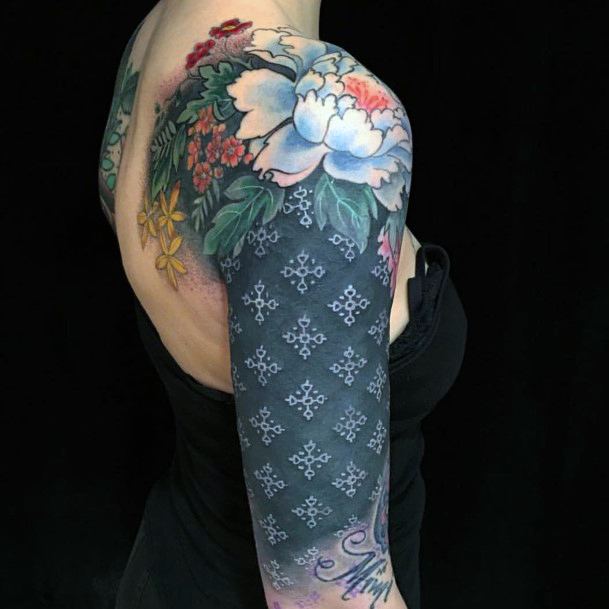 Lacy Art Tattoo With Flowers Womens Half Sleeve