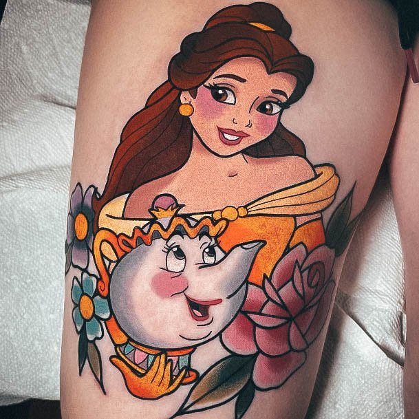 Ladies Belle Teapot Color Thigh Exceptional Womens Beauty And The Beast Tattoo Ideas