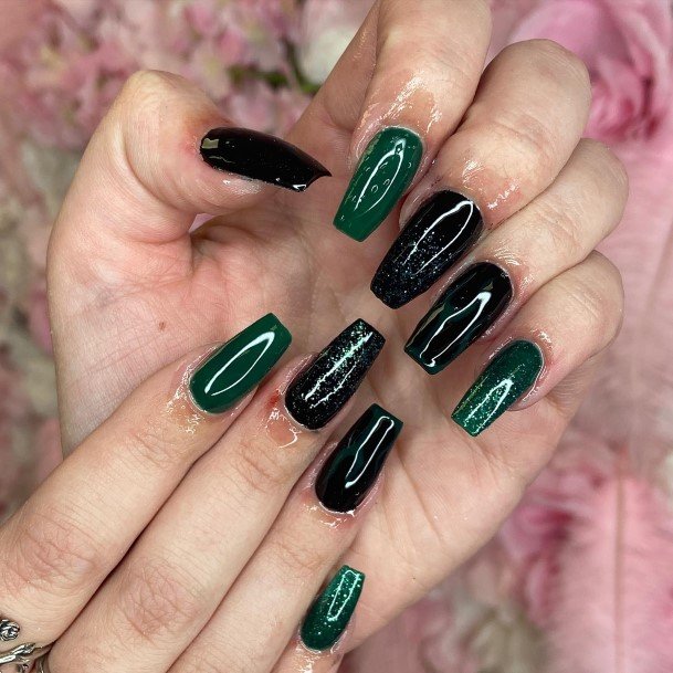 Ladies Black And Green Nail Design Inspiration