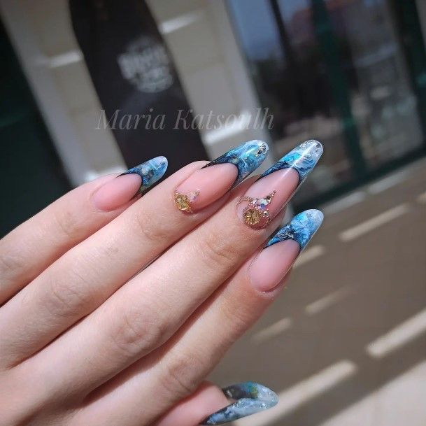 Ladies Blue And Gold Nail Design Inspiration