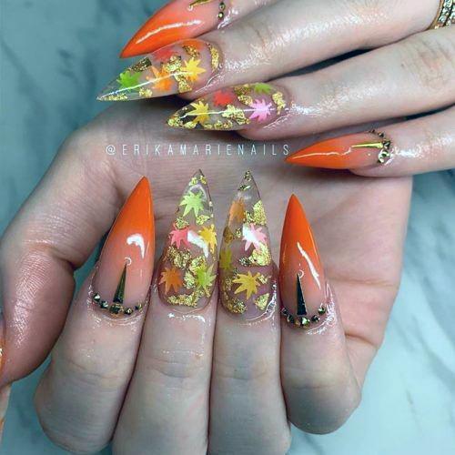 Ladies Gorgeous Ombre Fall Leaves Nail Design Ideas