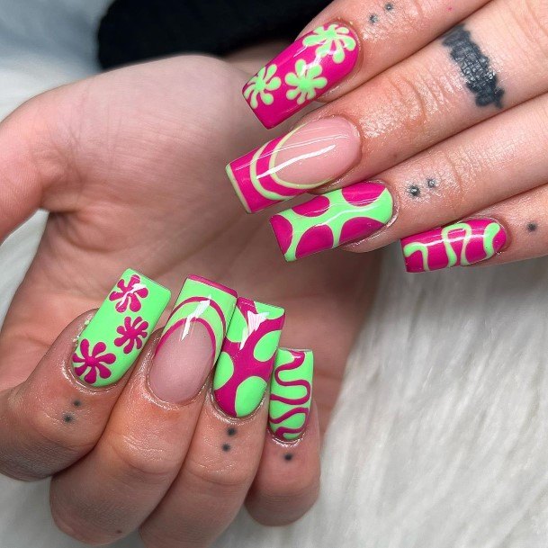 Ladies Green And Pink Nail Design Inspiration