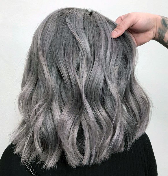 Ladies Not To Shiny Semi Grey Long Wave Layered Hairstyle