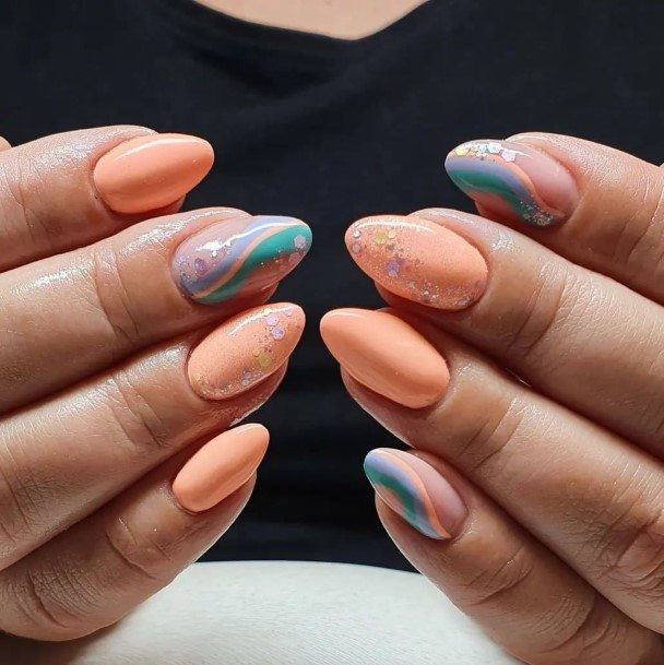 Ladies Peach With Glitter Nail Design Inspiration