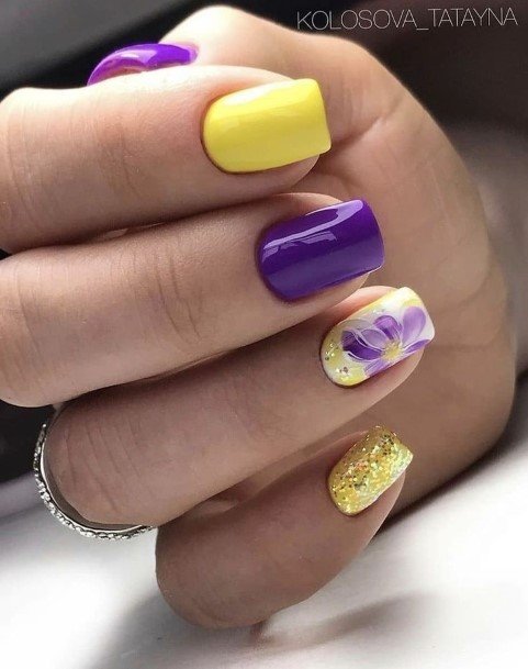 Ladies Purple And Yellow Nail Design Inspiration