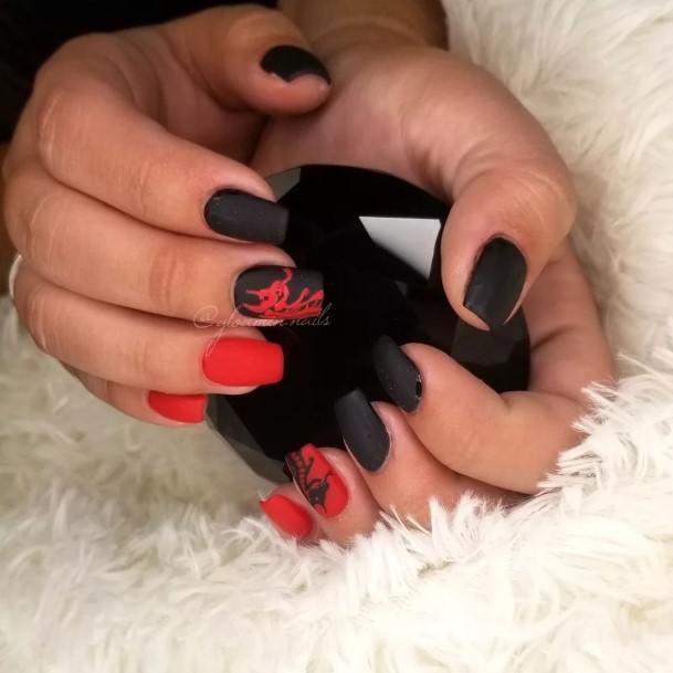 Ladies Red And Black Matte Nail Design Inspiration