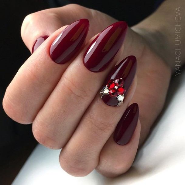 Ladies Red With Diamond Rhinestones Nail Design Inspiration