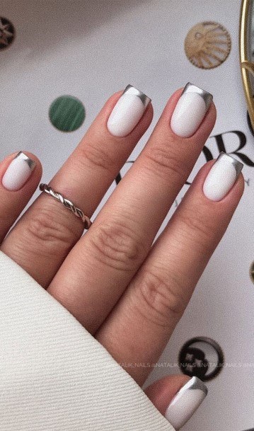 Ladies Silver French Tip Nail Design Inspiration