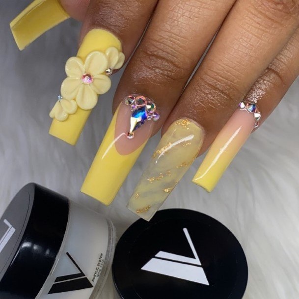 Ladies Yellow With Diamonds Nail Design Inspiration