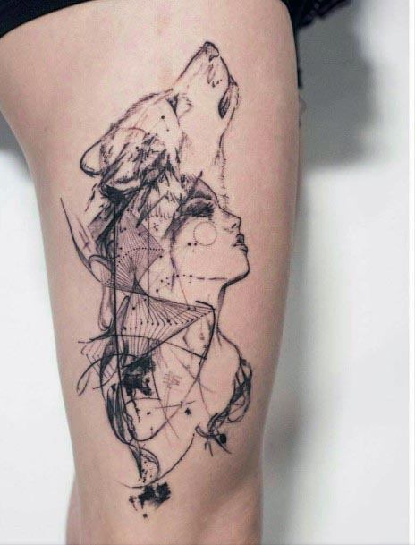 Lady And Wolf Sexy Tattoo Womens Legs