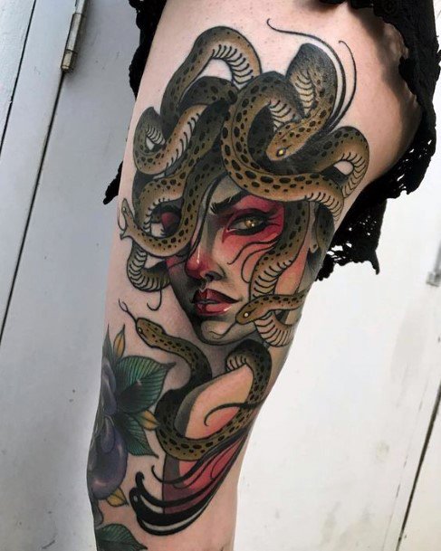 Lady With Coiled Snake On Head Tattoo Womens Legs