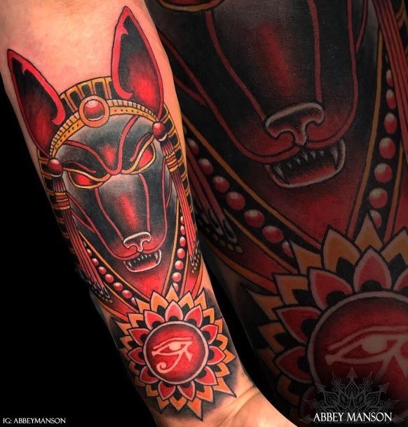 Lady With Elegant Anubis Tattoo Body Art