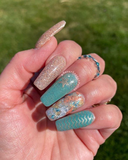 Lady With Elegant Beach Nail Body Art