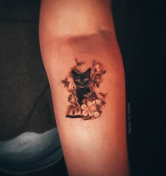 Lady With Elegant Black Cat Tattoo Body Art