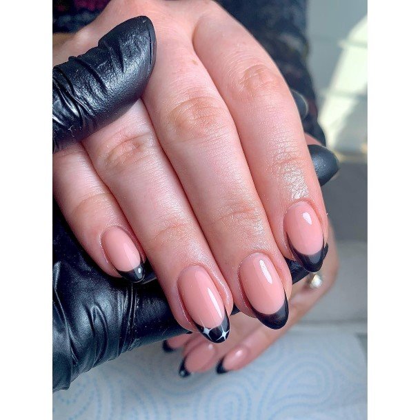 Lady With Elegant Black French Tip Nail Body Art