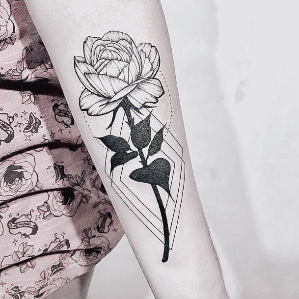 Lady With Elegant Black Rose Tattoo Body Art