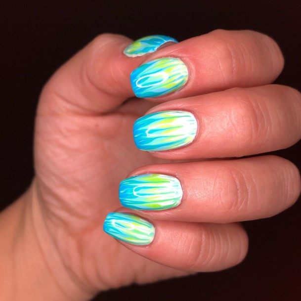 Lady With Elegant Blue And Green Nail Body Art