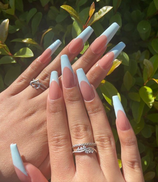 Lady With Elegant Blue French Tip Nail Body Art