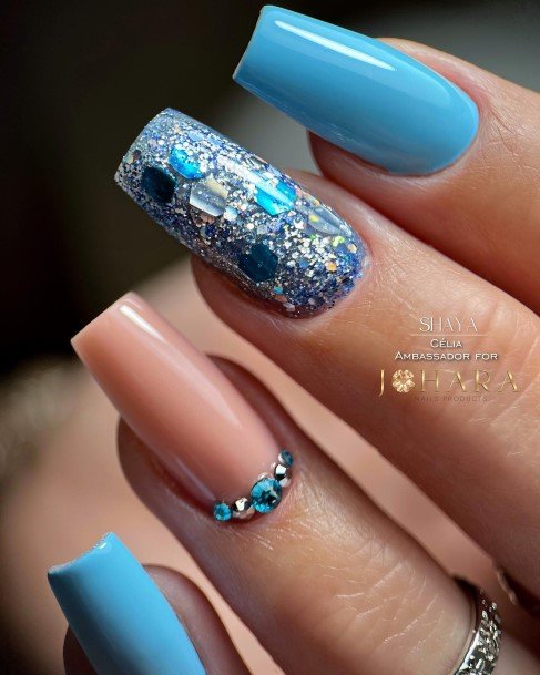 Lady With Elegant Blue Glitter Nail Body Art