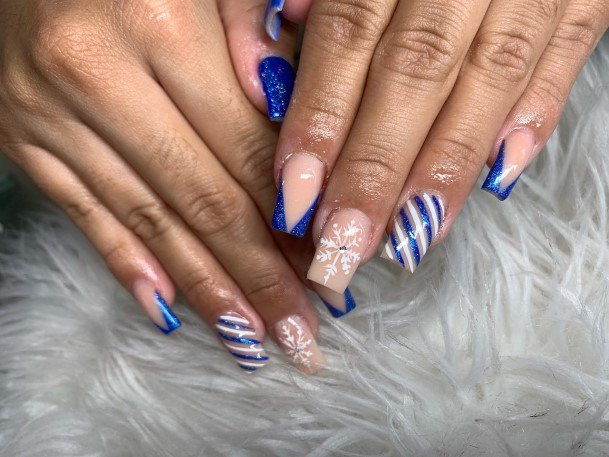 Lady With Elegant Blue Short Nail Body Art