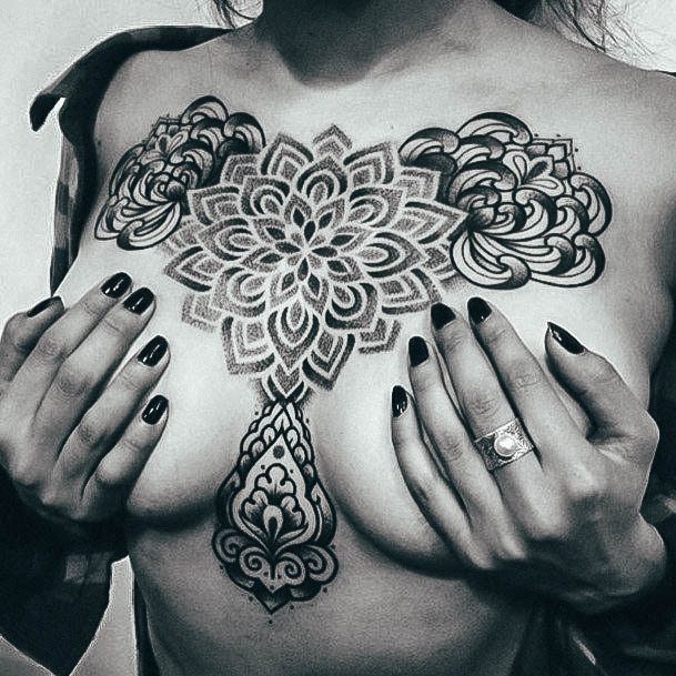 Lady With Elegant Boob Tattoo Body Art