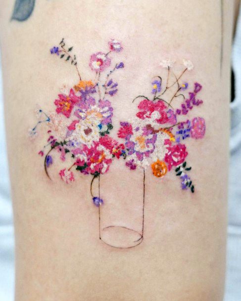 Lady With Elegant Bouquet Tattoo Body Art