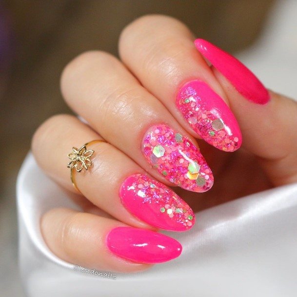 Lady With Elegant Bright Pink Nail Body Art