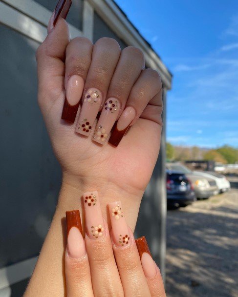 Lady With Elegant Brown French Tip Nail Body Art