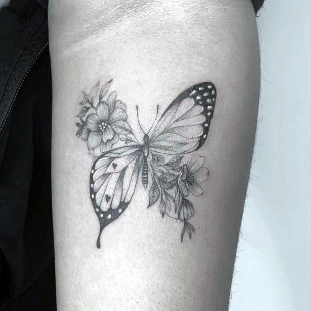 Lady With Elegant Butterfly Flower Tattoo Body Art