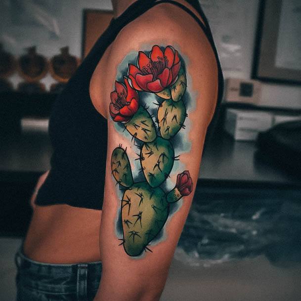 Lady With Elegant Cactus Tattoo Body Art