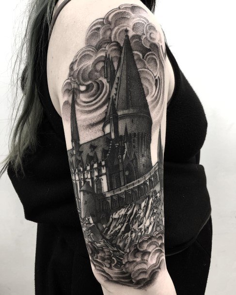 Lady With Elegant Castle Tattoo Body Art