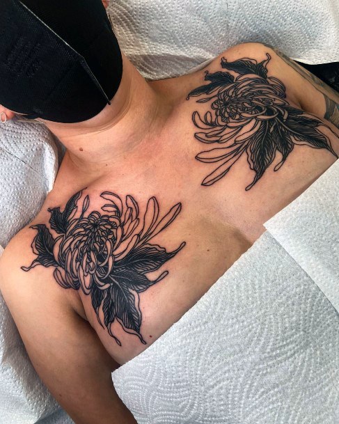 Lady With Elegant Chrysanthemum Tattoo Body Art